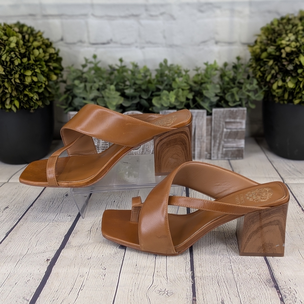 Vince Camuto Tan Leather Block Heel Sandals - Picture 4 of 11